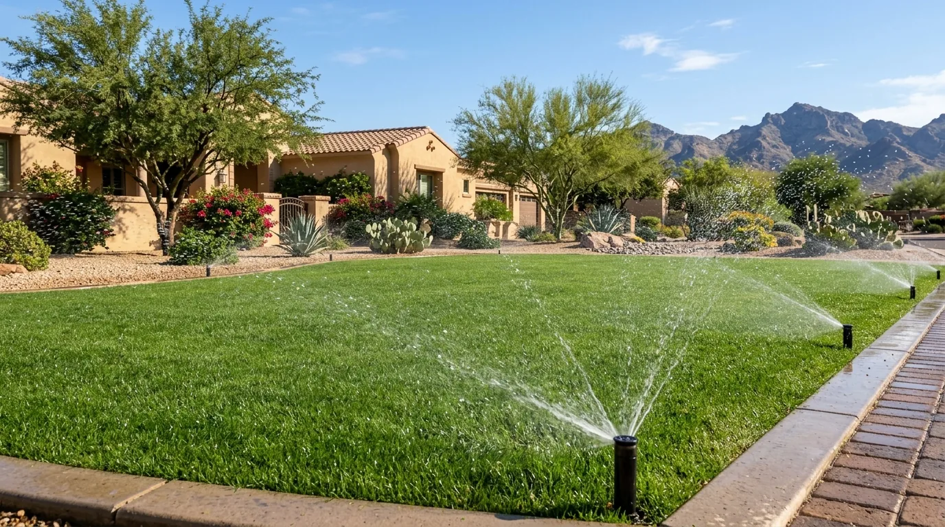 High-efficiency watering system repair with modern sprinkler spray nozzles and drip emitter lines customized for hot Sonoran desert soils