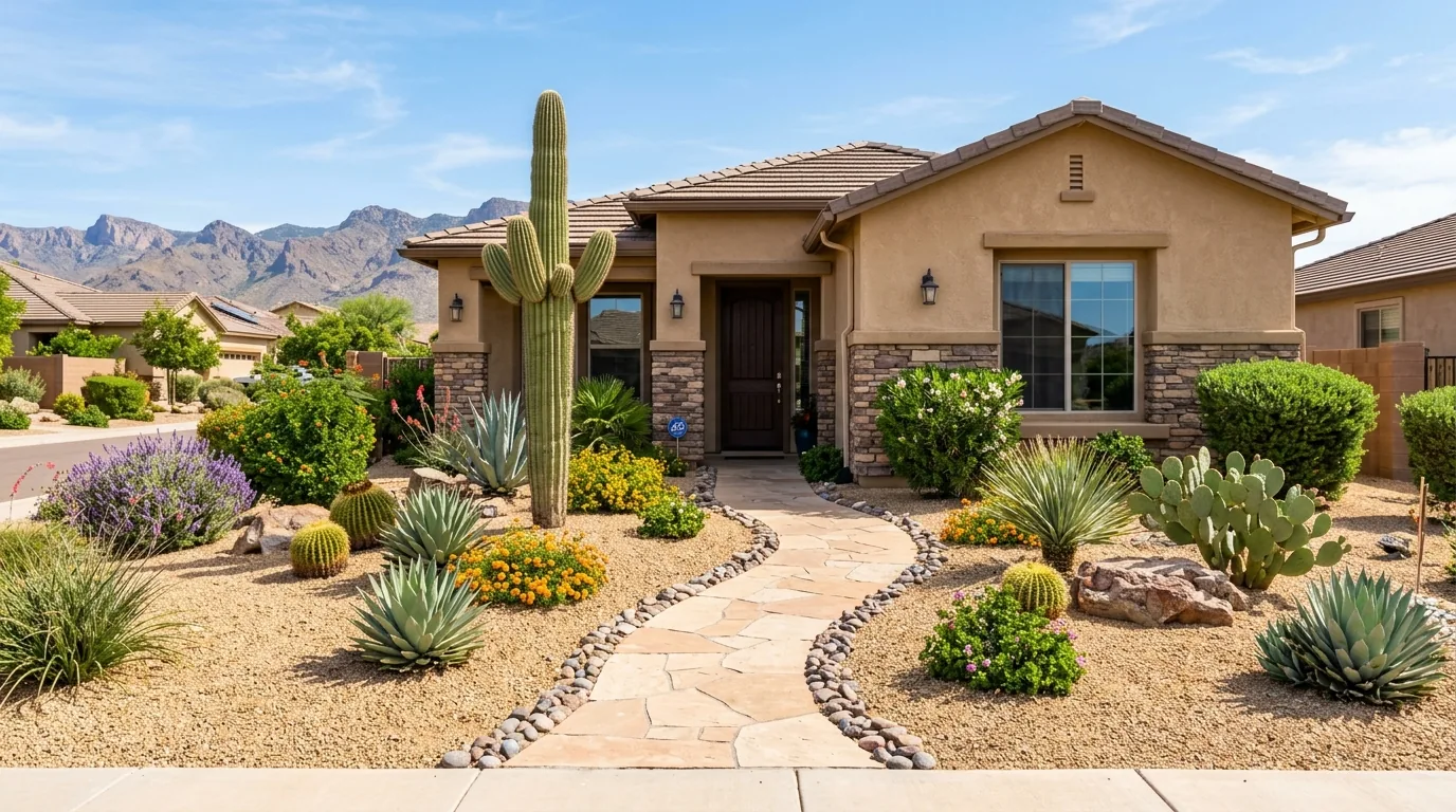 Water-wise desert front yard with cactus, agave, flowering plants and a defined walkway
