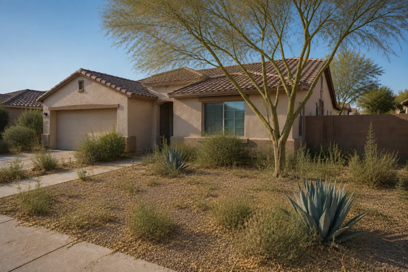 Illustrative Phoenix stucco home with weeds in the gravel, fallen leaves, and overgrown desert shrubs needing yard cleanup