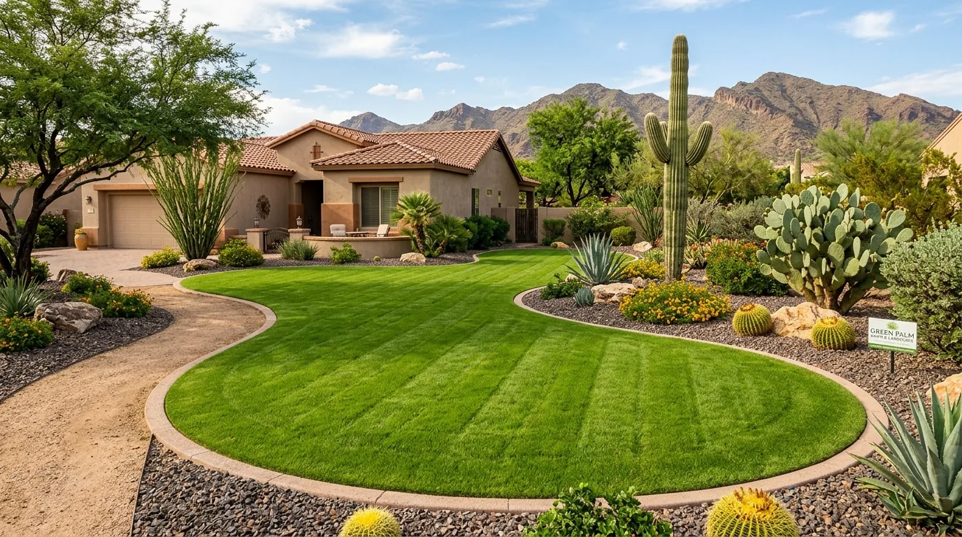 Water-wise Phoenix lawn bordered by desert plants and gravel