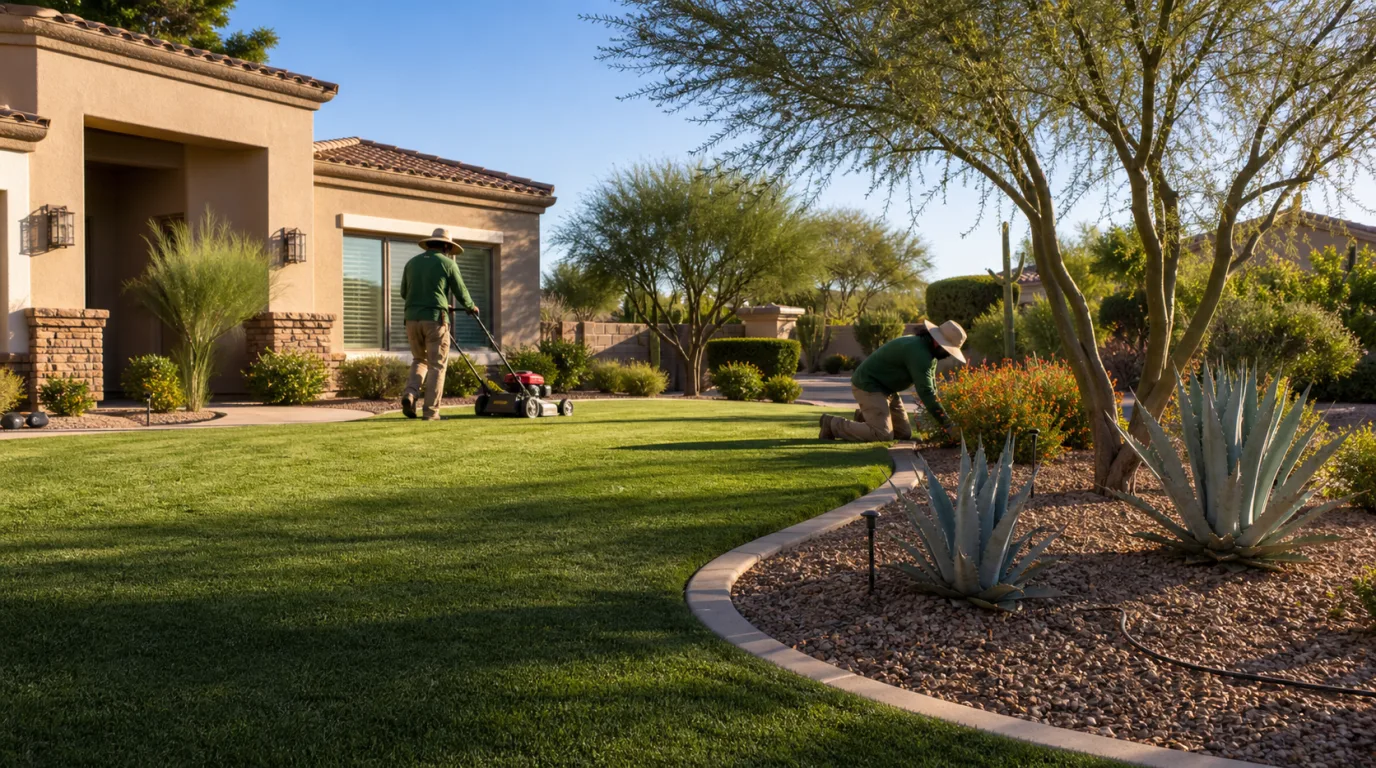 Phoenix landscapers mowing a Bermuda lawn beside a xeriscape bed with agave and drip irrigation