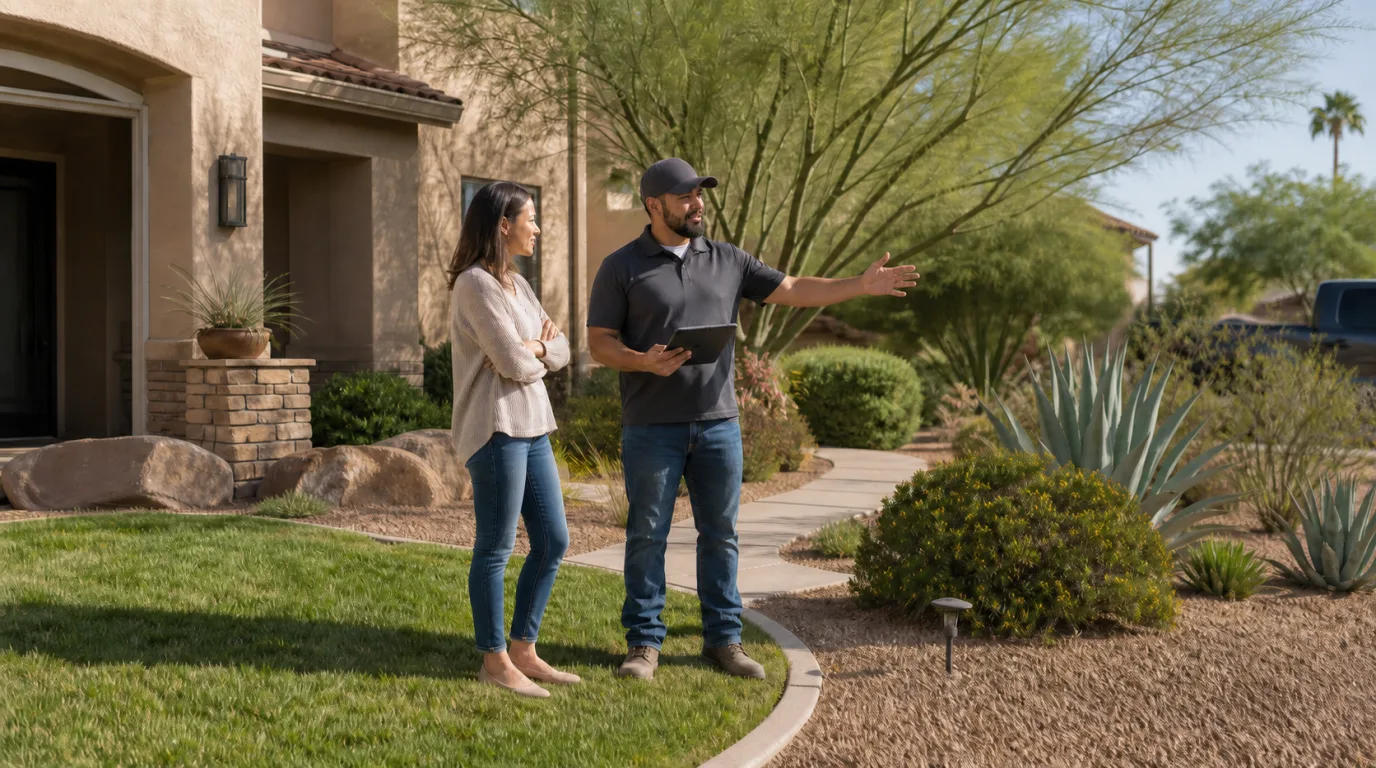 Phoenix homeowner reviewing a lawn and xeriscape property with a local landscaping professional