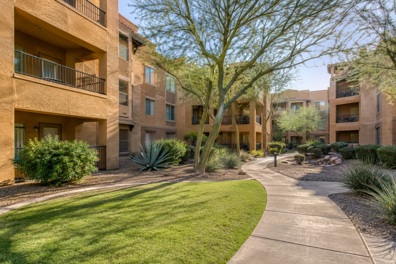 Illustrative Phoenix apartment complex with maintained courtyards, desert planting, and shared paths