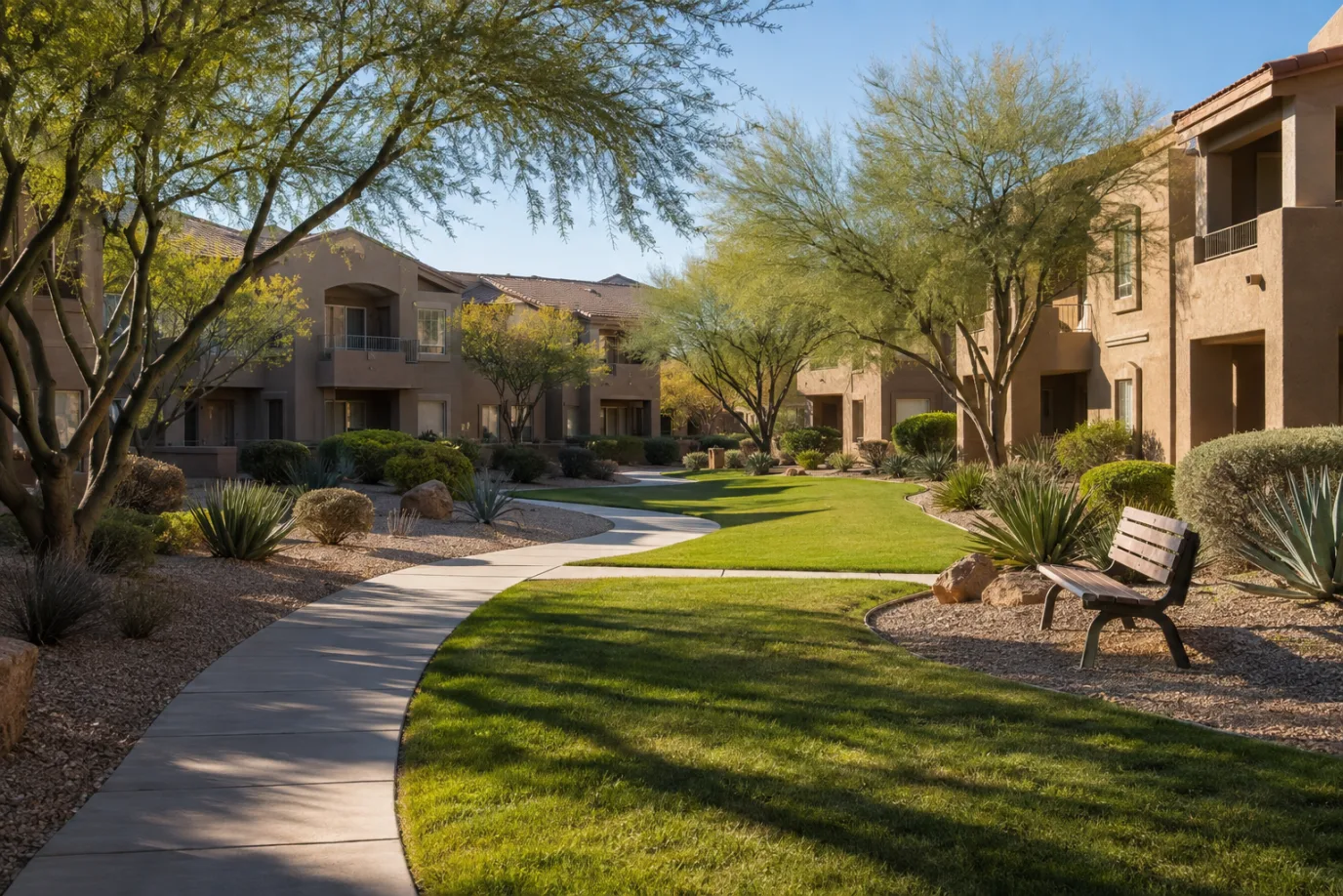 Illustrative Phoenix condominium community with landscaped shared grounds and walking paths