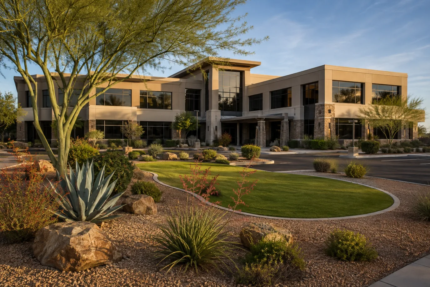 Illustrative Phoenix office complex with turf and desert beds served by commercial irrigation
