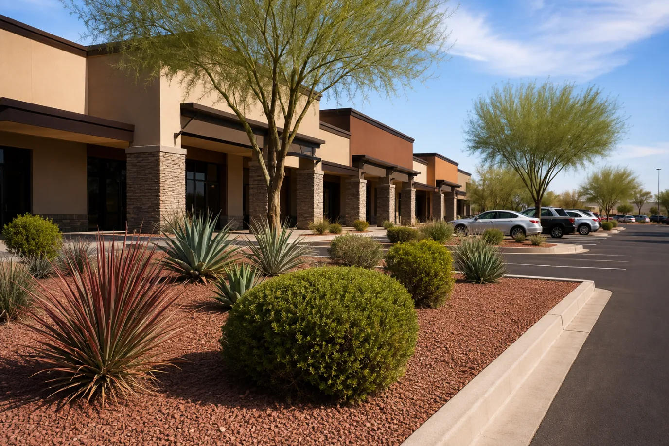 Illustrative Phoenix strip mall with retail storefronts and maintained desert landscape islands